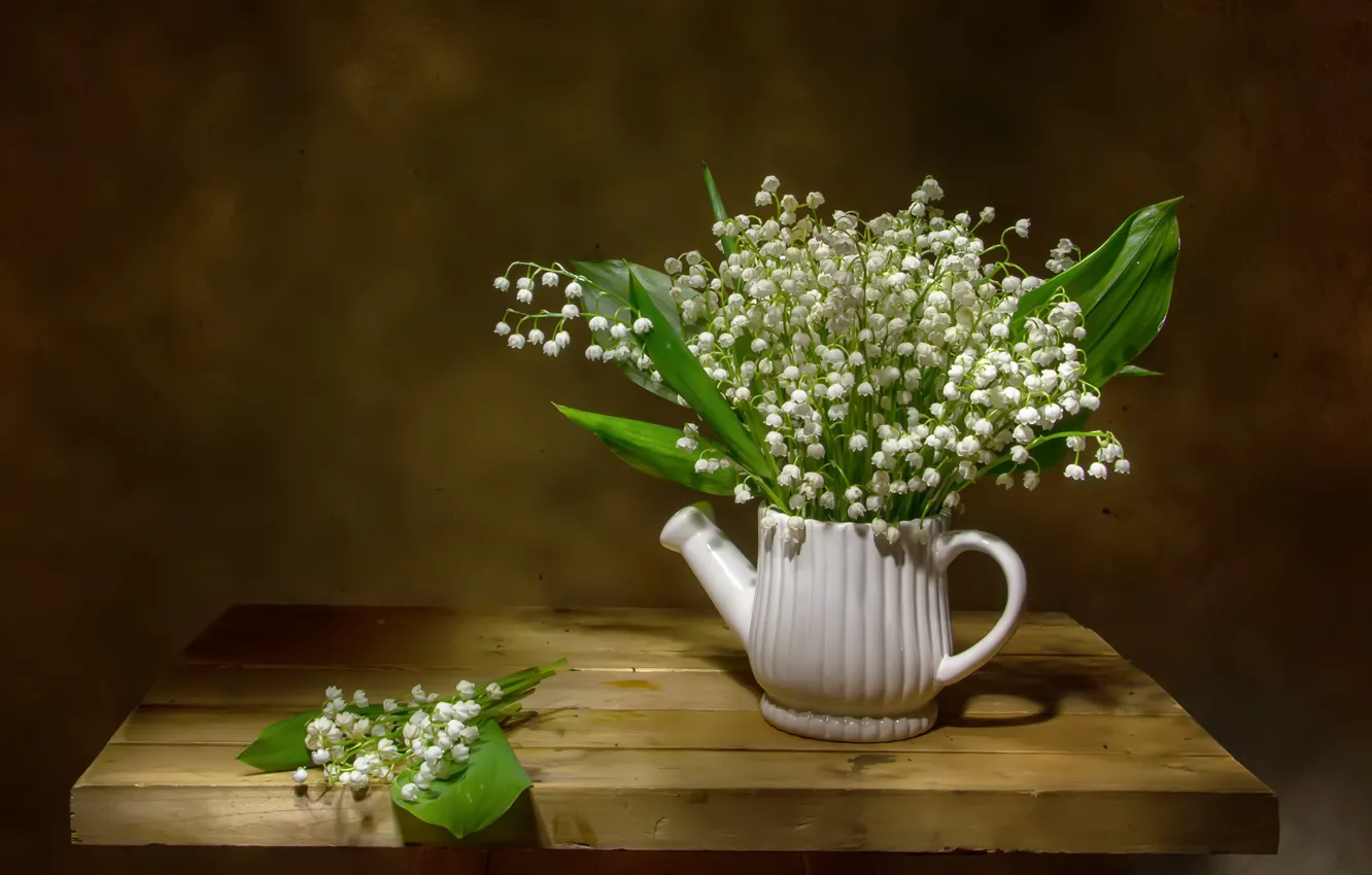 Photo wallpaper flowers, kettle, lilies of the valley, table, Tatiana Fedenkova