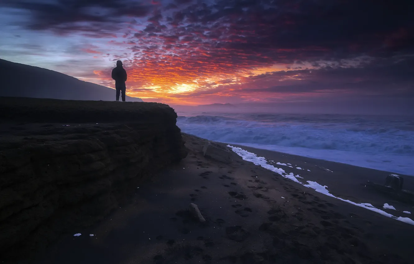 Photo wallpaper sea, sunset, fog, shore, people