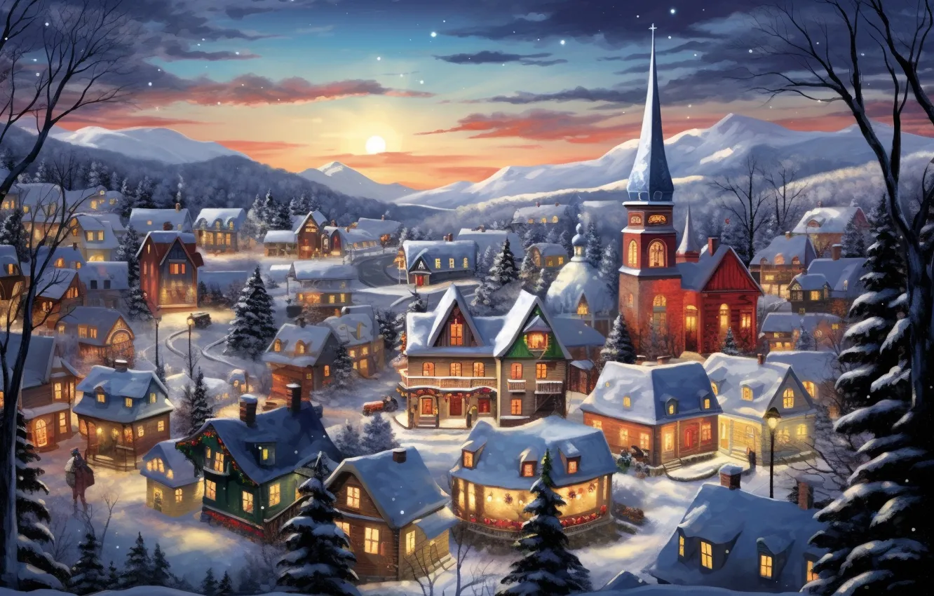 Photo wallpaper winter, snow, decoration, tree, new year, village, Christmas, house