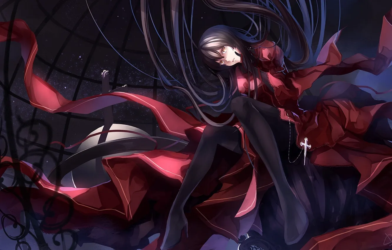 Photo wallpaper eyes, look, girl, clothing, cross, stockings, anime, long hair