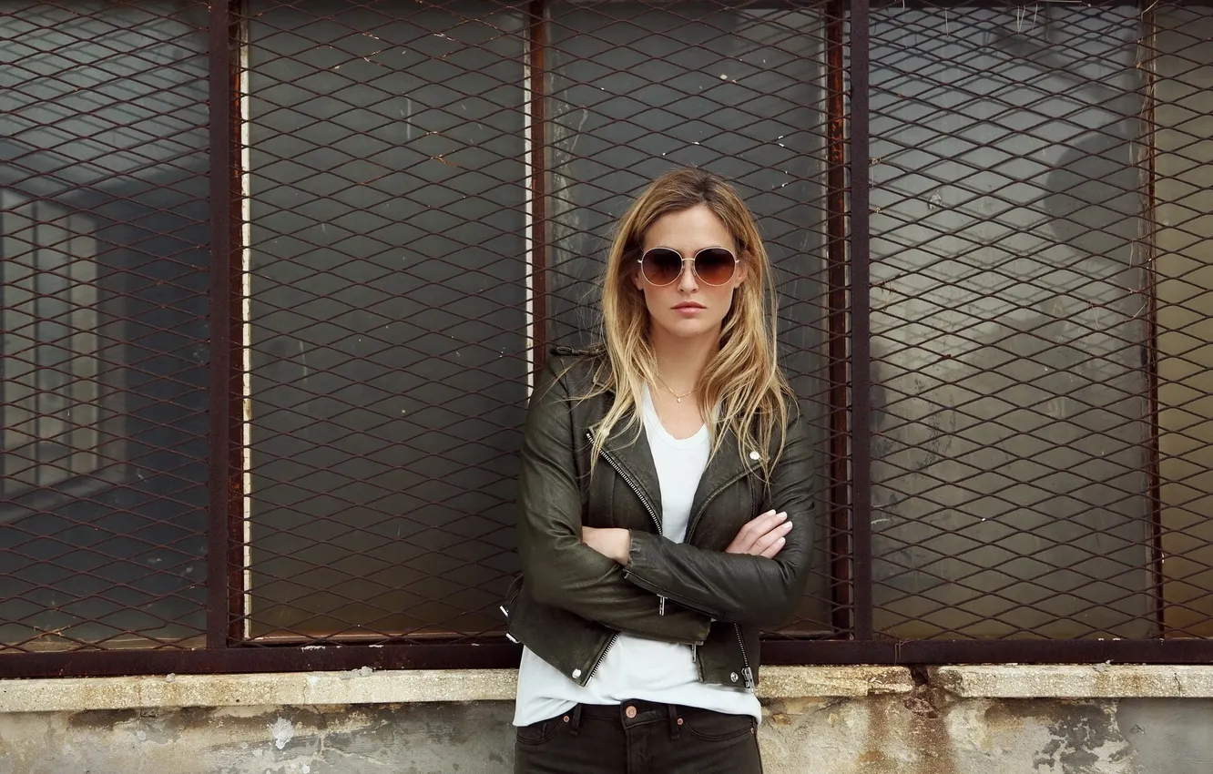 Photo wallpaper girl, model, grille, Mike, window, glasses, jacket, blonde