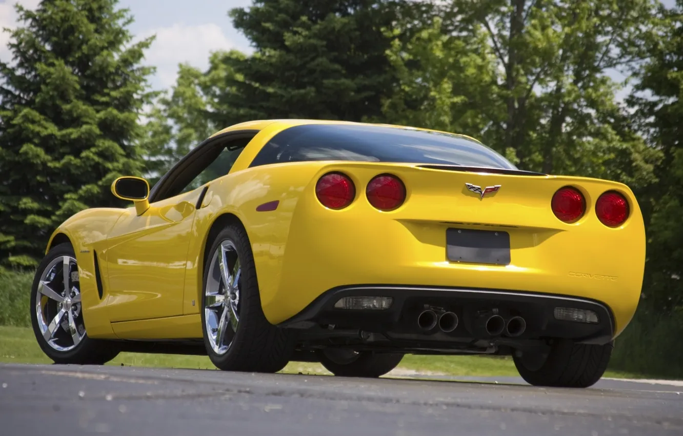 Photo wallpaper forest, trees, yellow, tuning, Corvette, supercar, Chevrolet, rear view