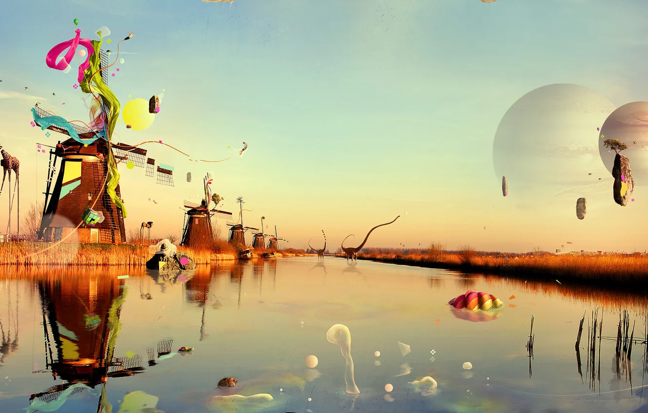 Photo wallpaper river, giraffe, mill