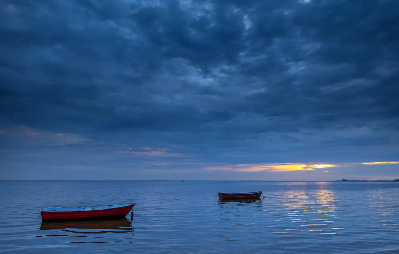 Photo wallpaper sea, landscape, night, boat