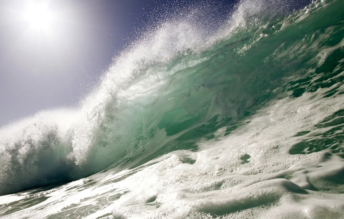 Photo wallpaper wave, water, drops, squirt, light green shade