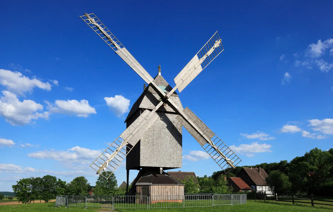 Photo wallpaper clouds, trees, blue sky, North Rhine-Westphalia, Detmold, Detmold, North Rhine Westphalia, The mill is an …