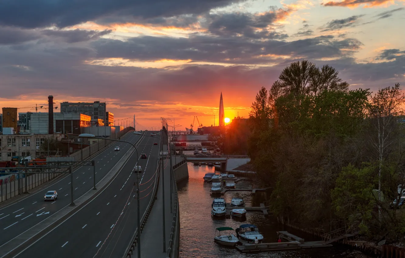 Photo wallpaper clouds, sunset, bridge, river, photo, Saint Petersburg, Eduard Gordeev, betancourt bridge