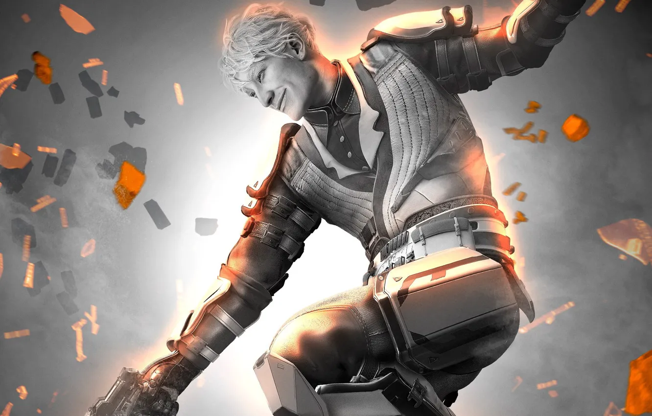 Photo wallpaper gun, pistol, game, armor, weapon, smile, man, orange