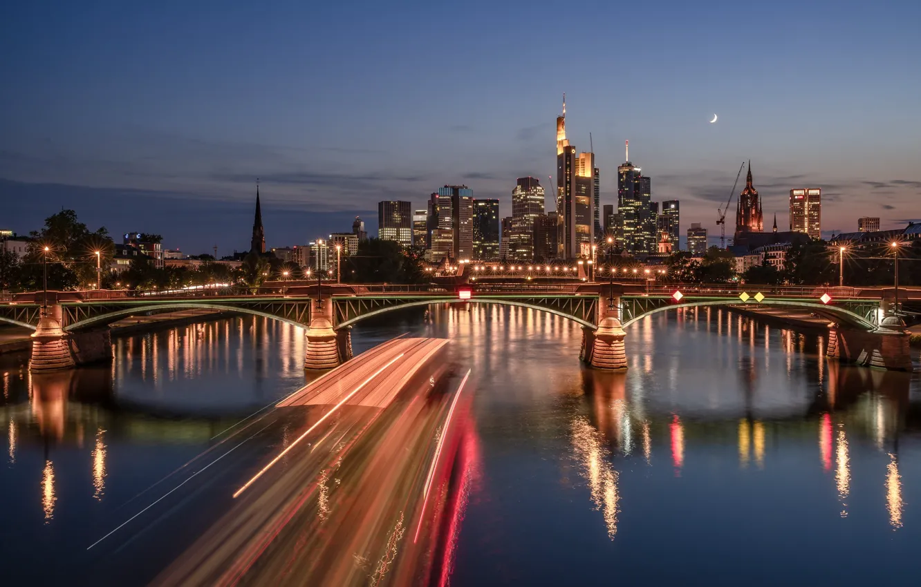 Photo wallpaper bridge, lights, river, the evening, Germany, skyline, Frankfurt