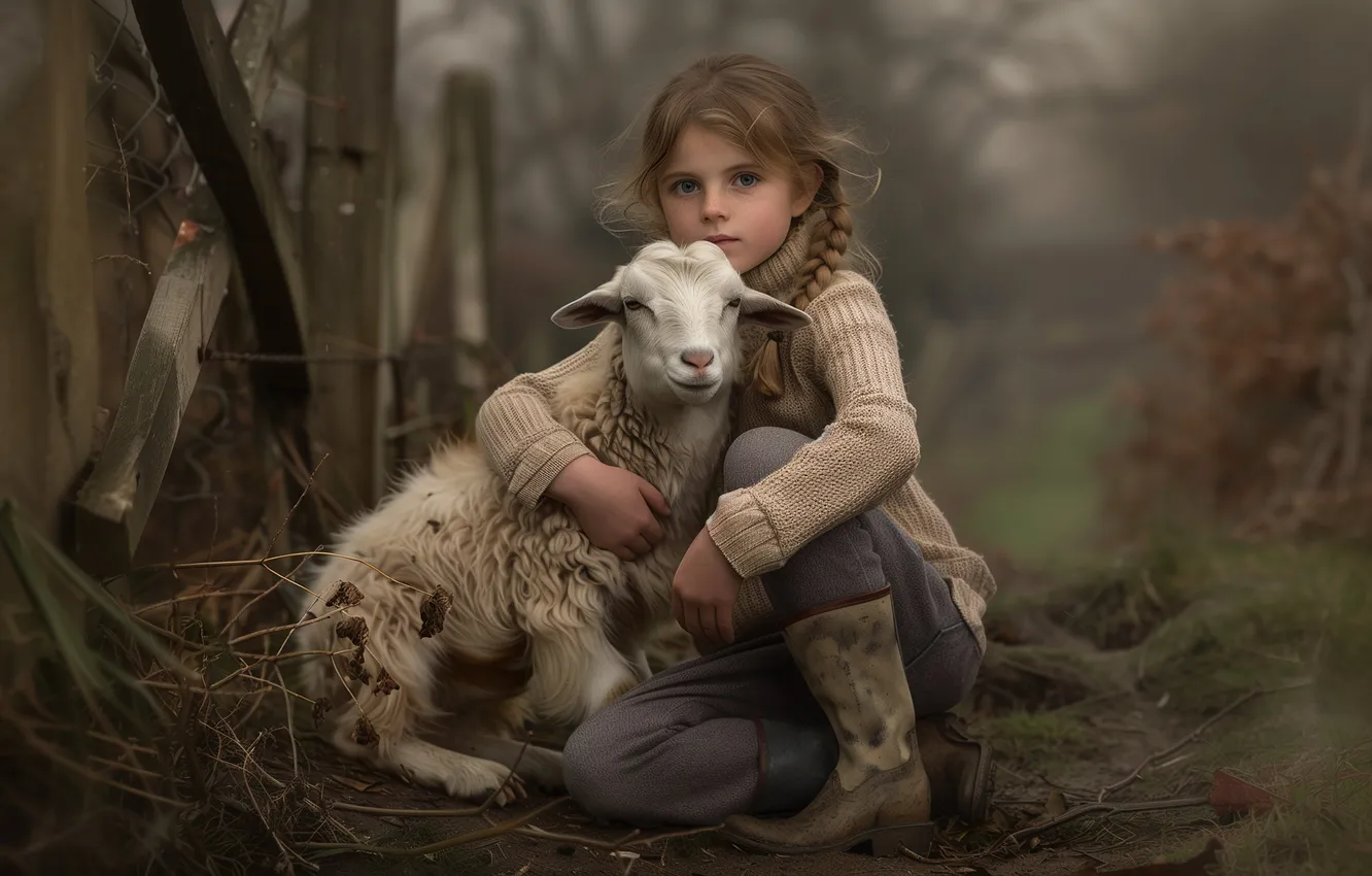 Photo wallpaper sheep, girl, sheep, AI art, neural network