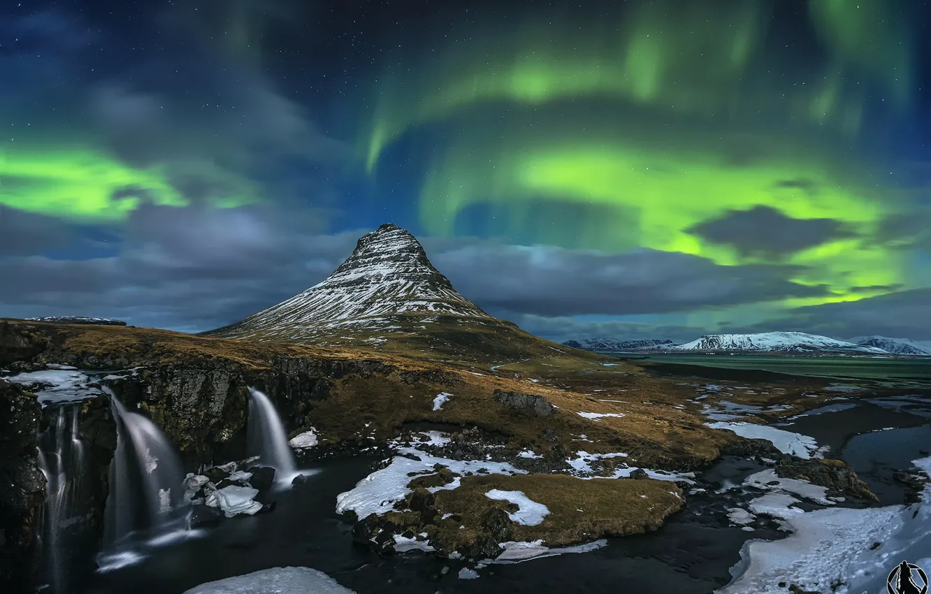 Photo wallpaper snow, night, rocks, mountain, waterfall, Northern lights, the volcano, Iceland