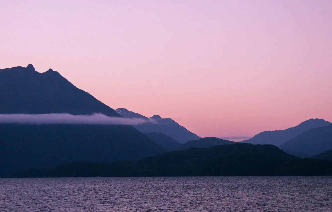 Photo wallpaper sunset, mountains, lake, British Columbia, Vancouver Island, Kennedy Lake