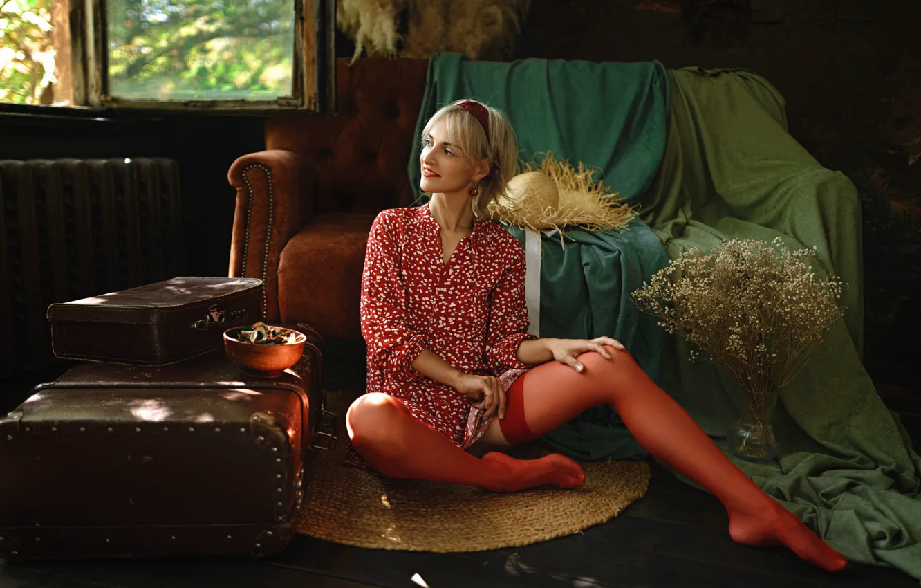 Photo wallpaper girl, pose, stockings, blonde, suitcase, legs, on the floor, Mat