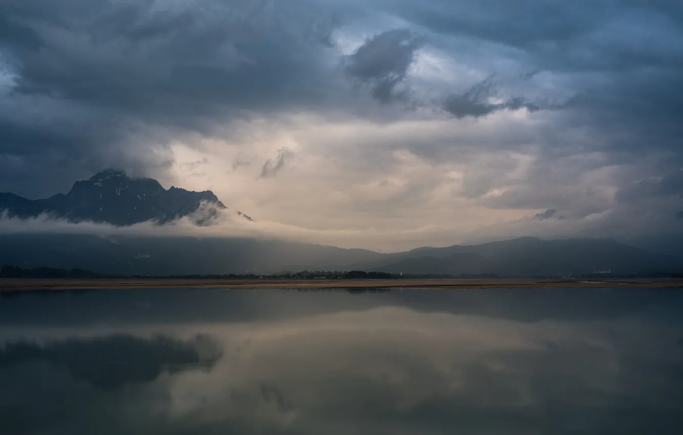 Photo wallpaper the sky, clouds, mountains, pond