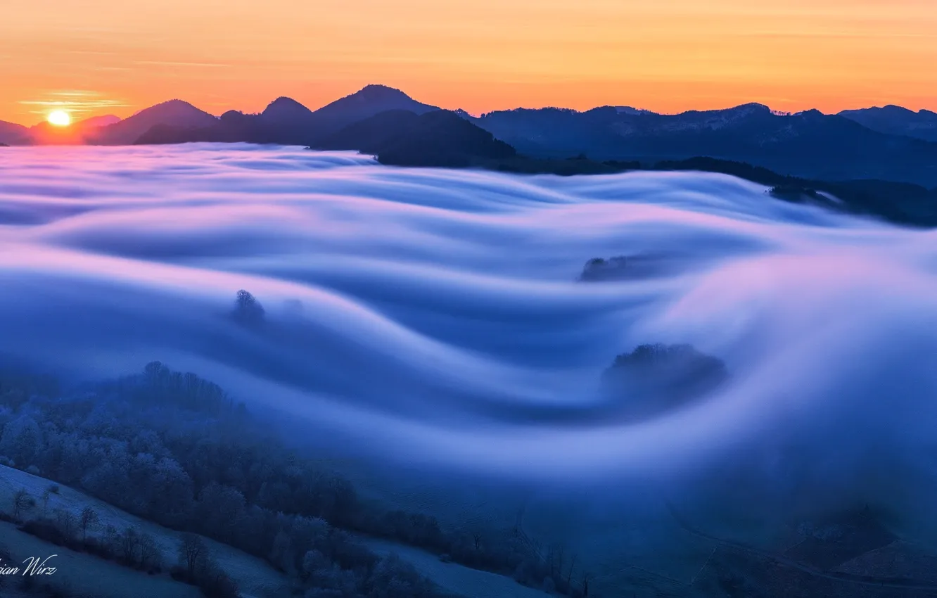 Photo wallpaper frost, the sky, the sun, light, sunset, fog