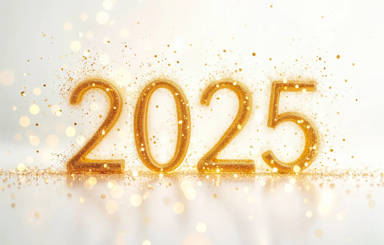 Photo wallpaper Shine, new year, sequins, figures, gold, light background, date, bokeh