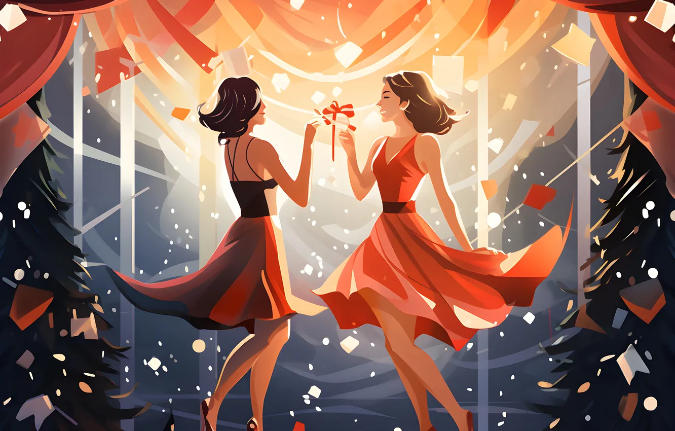 Photo wallpaper girl, tree, new year, dress, Christmas, two, Christmas tree, digital art