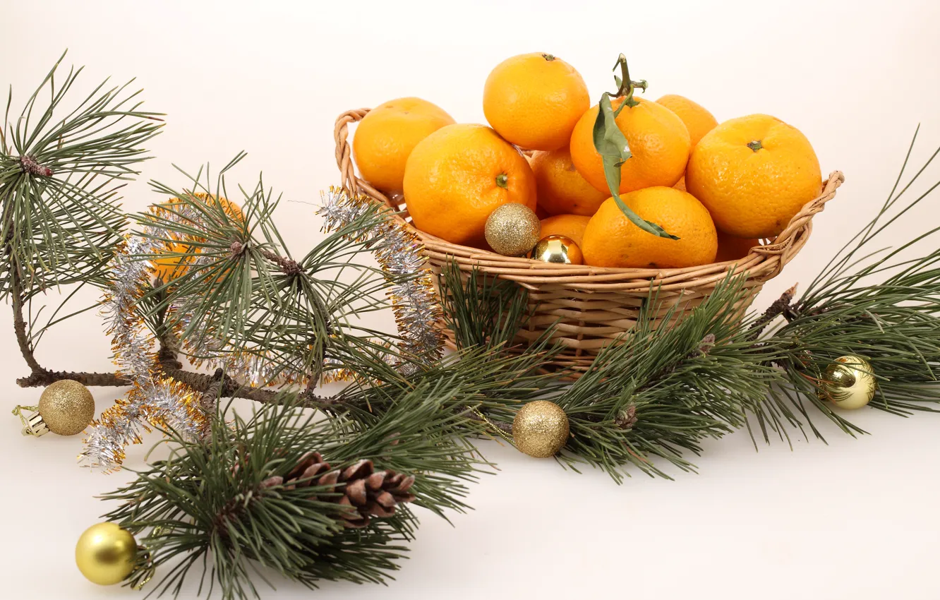 Photo wallpaper balls, holiday, toy, new year, bumps, tangerines, sprig of pine