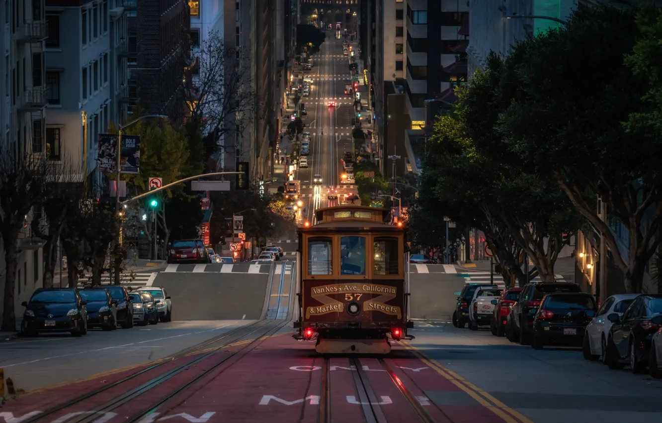 Photo wallpaper road, machine, auto, street, building, CA, San Francisco, tram