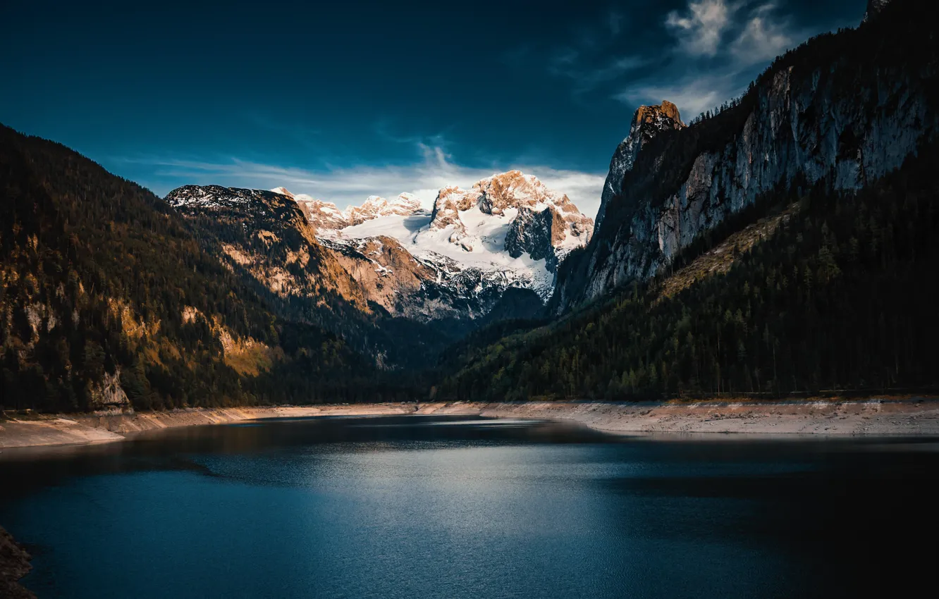 Photo wallpaper forest, clouds, snow, mountains, lake, blue, rocks, tops