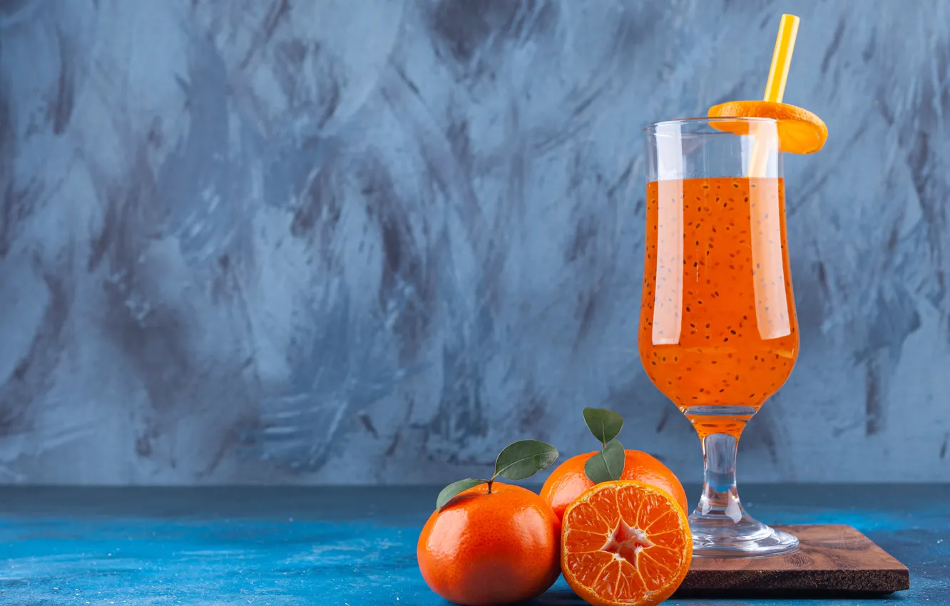 Photo wallpaper glass, juice, tangerines