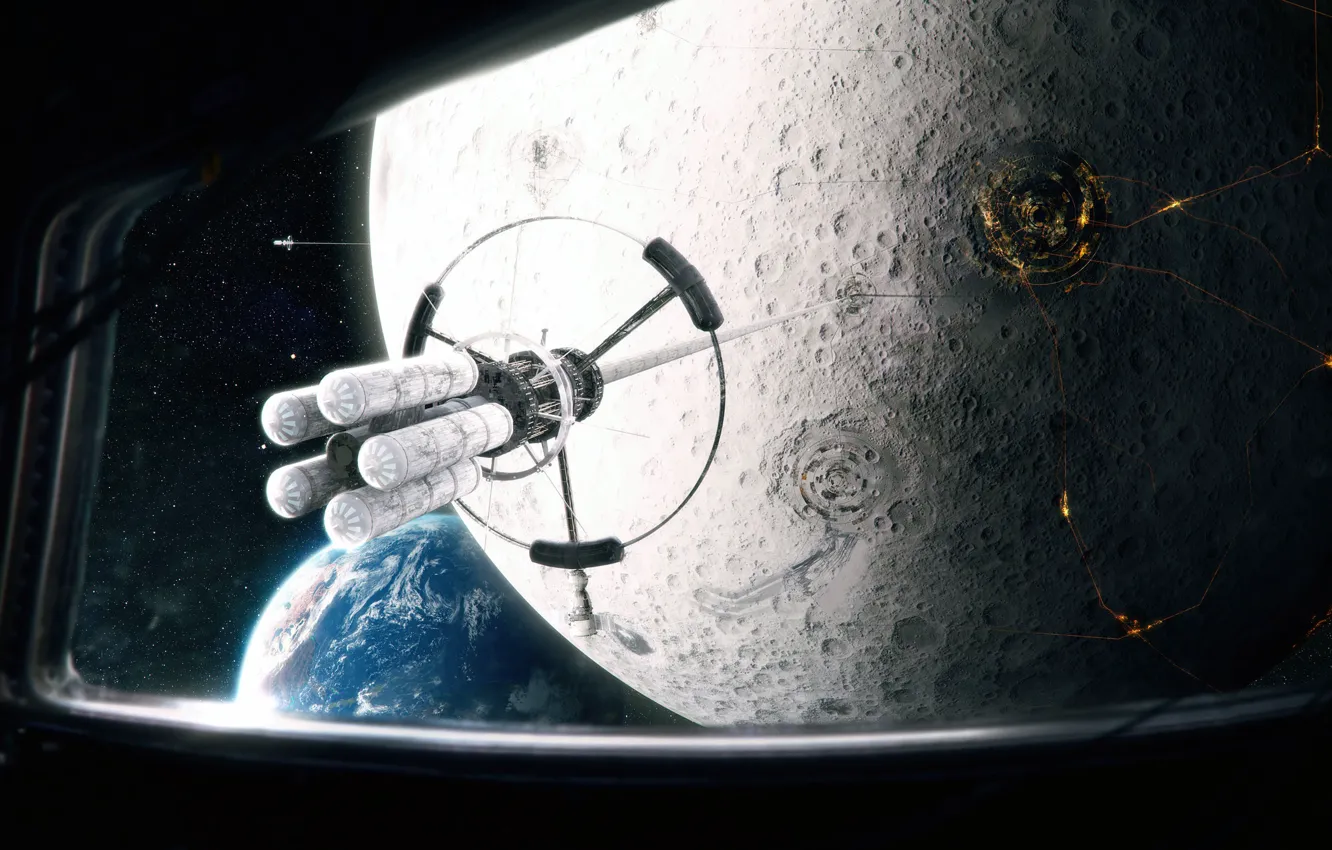 Photo wallpaper space, stars, space, fiction, earth, transport, the moon, ship