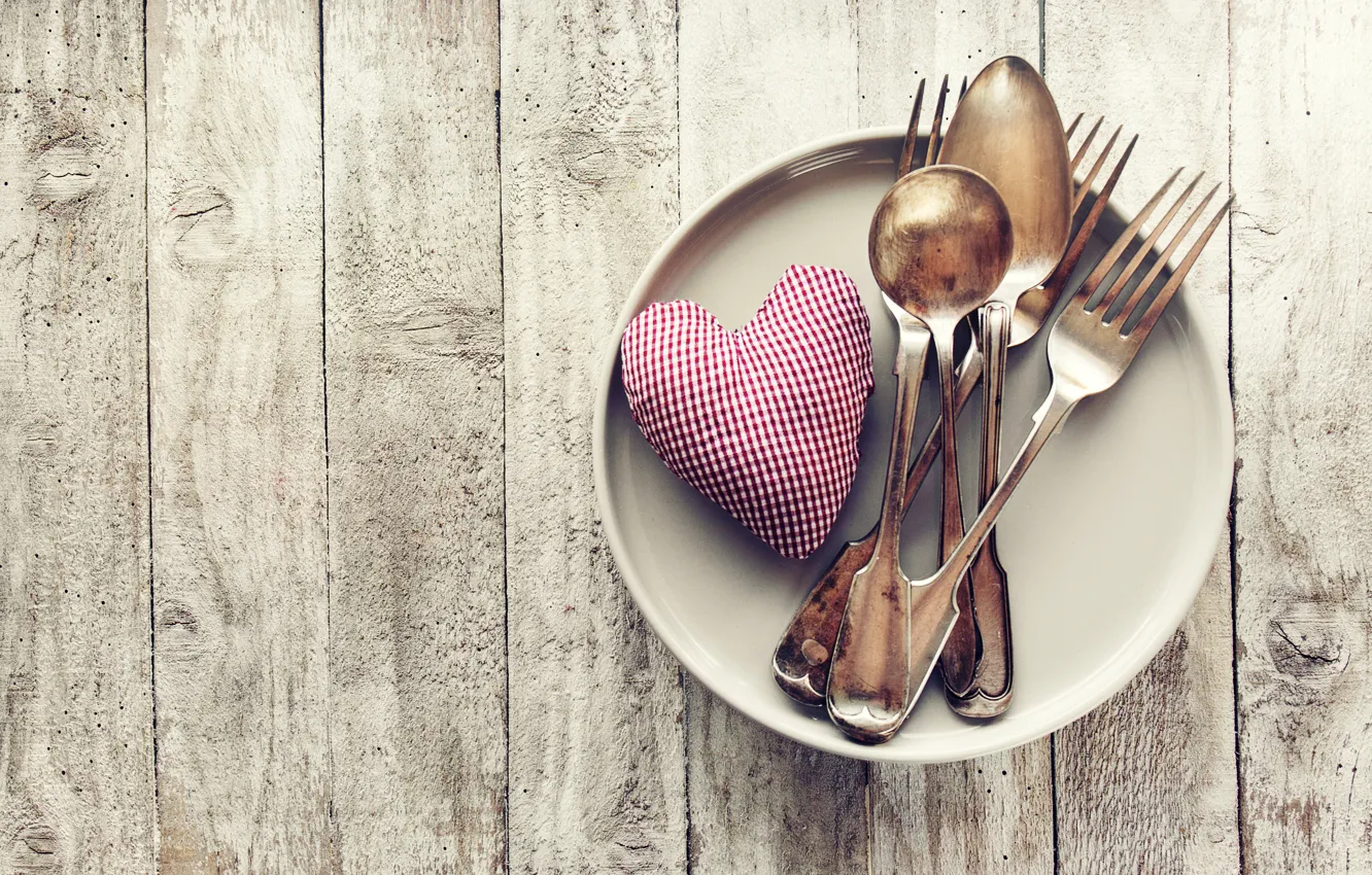 Photo wallpaper plate, hearts, love, heart, romantic, fork, spoon, valentine`s day