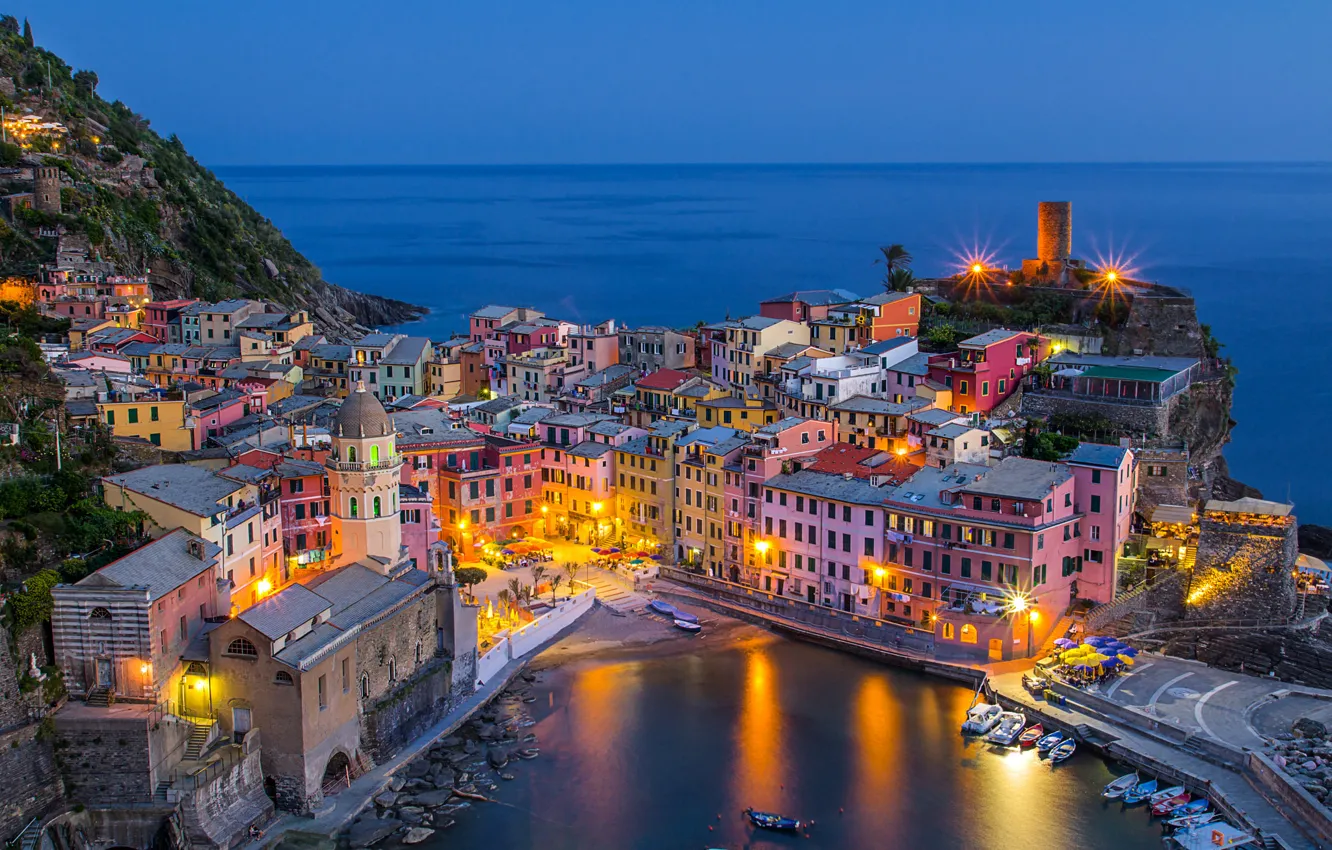 Photo wallpaper sea, coast, building, Bay, boats, Italy, Italy, The Ligurian sea