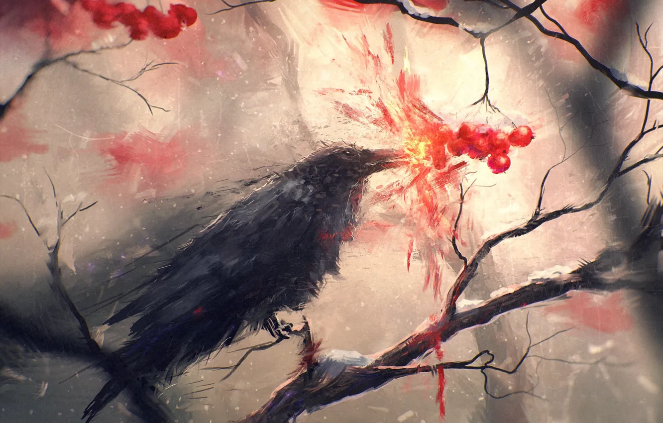 Photo wallpaper bird, branch, art, Raven, crow, Rowan