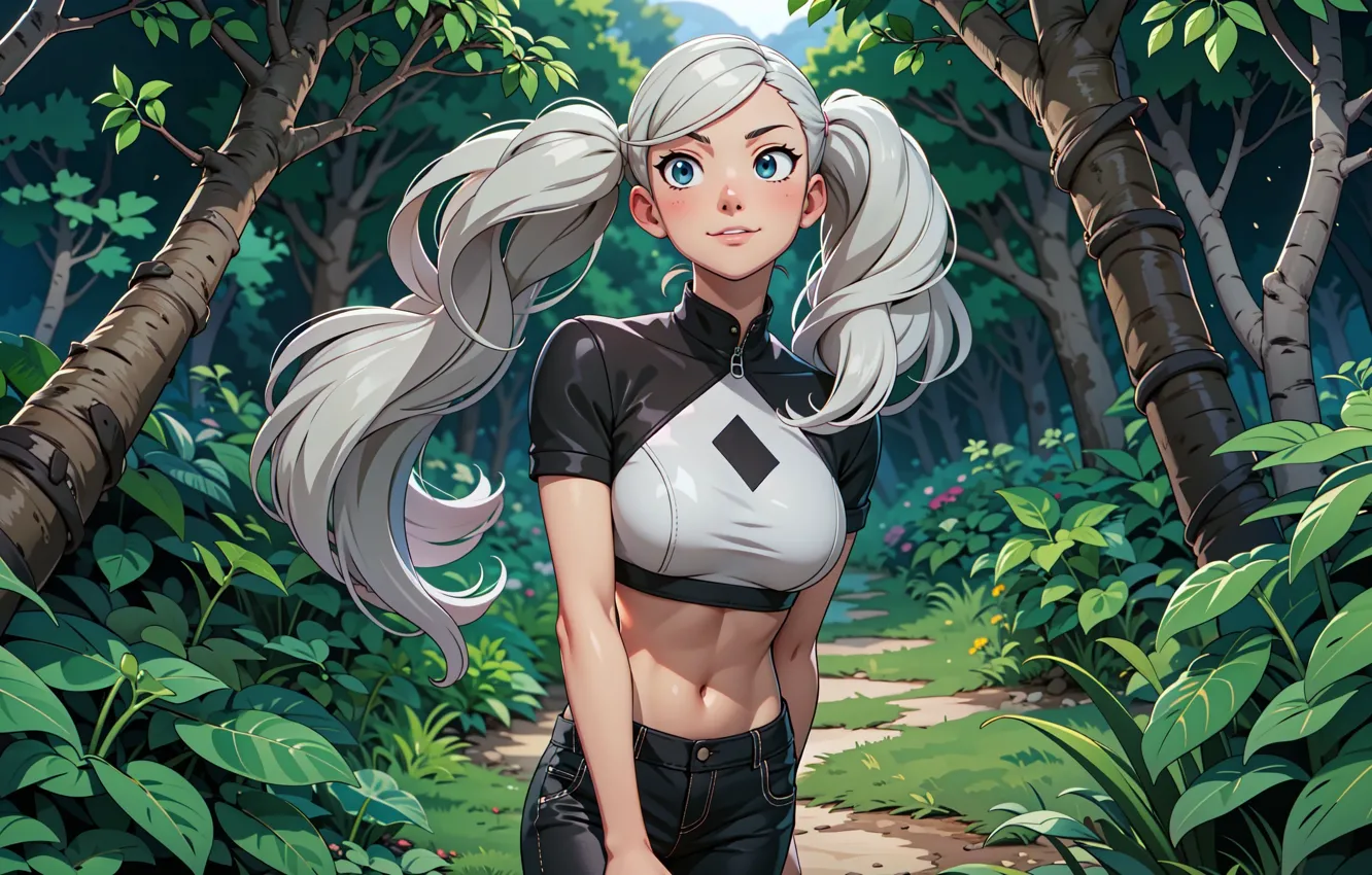 Photo wallpaper forest, Pretty Woman, Ann Takamaki, anime illustration, extreme closeup portrait