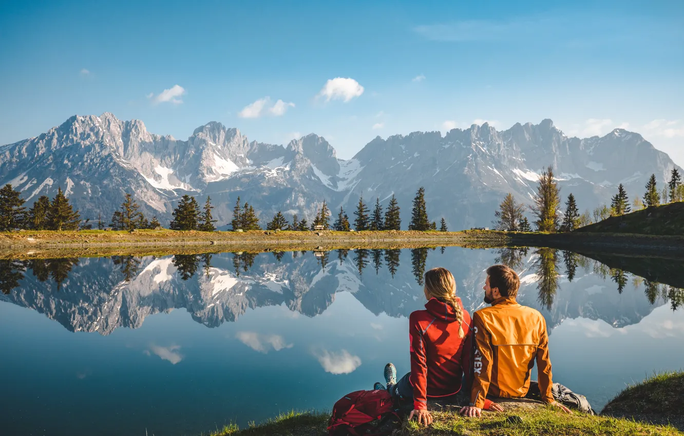 Photo wallpaper girl, mountains, lake, Austria, male, two, Austria, Tyrol