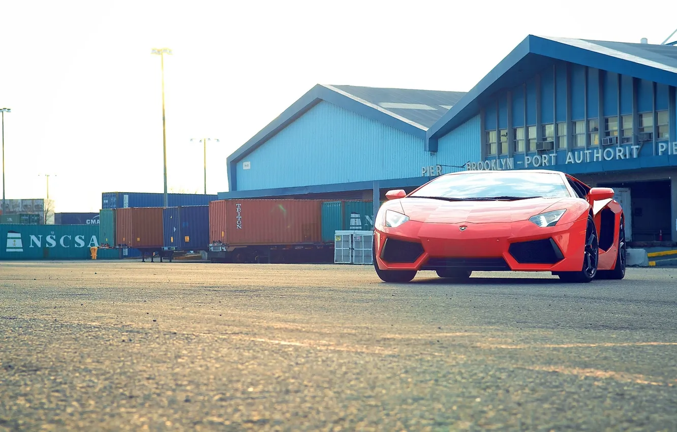Photo wallpaper the sky, orange, building, Lamborghini, lights, front view, the trailer, orange