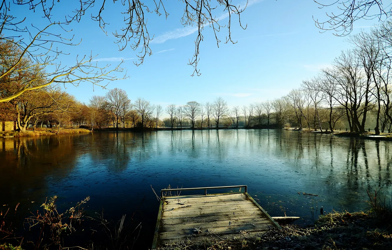 Photo wallpaper ice, autumn, the sky, trees, pond, frost, the bridge, freezing