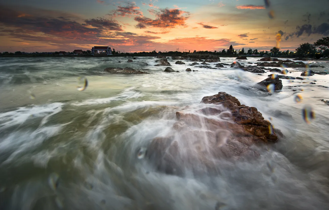 Photo wallpaper water, landscape, squirt, the ocean, dawn
