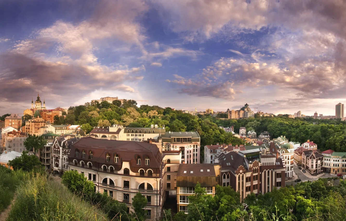 Photo wallpaper the sky, clouds, trees, home, Ukraine, Kiev, city view, Vozdvizhenka