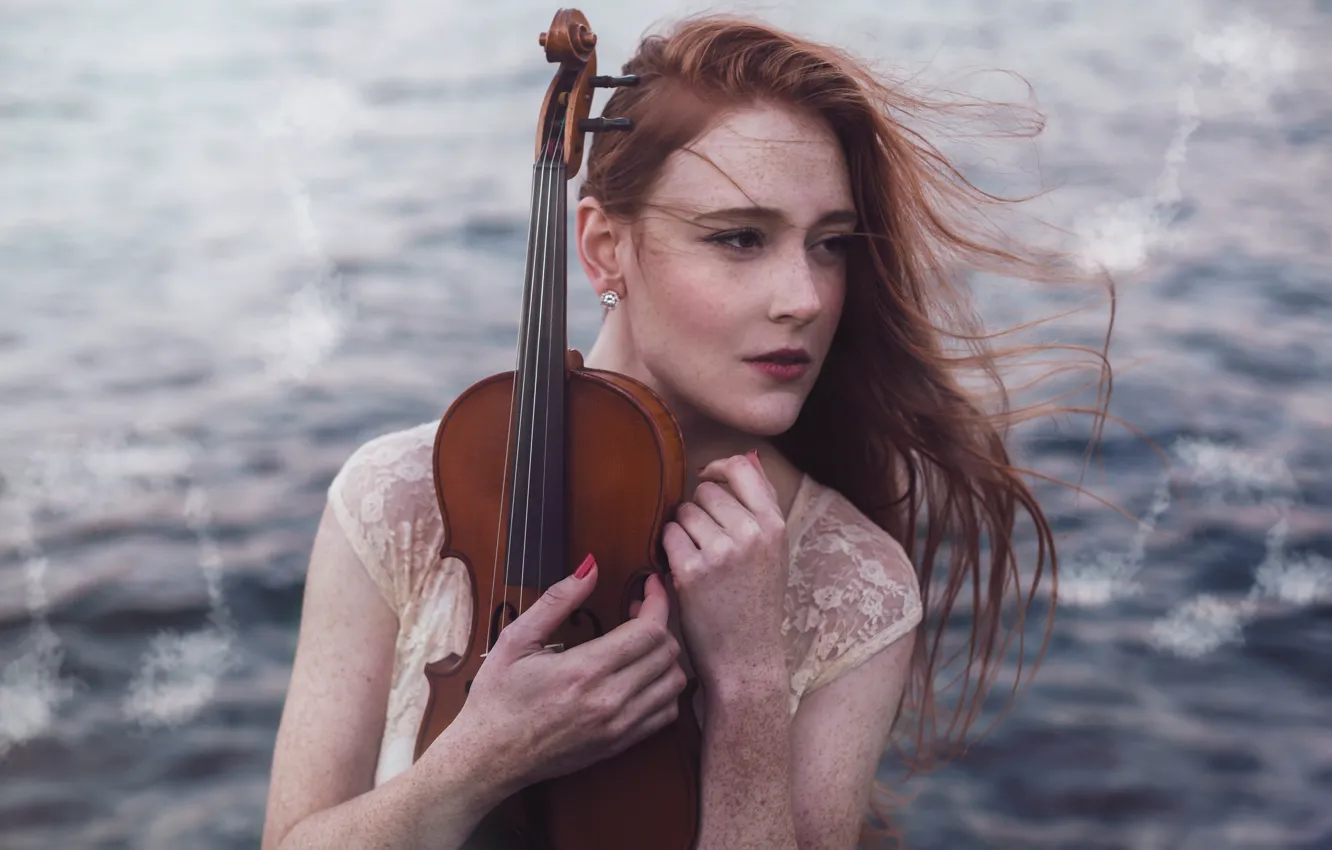 Photo wallpaper sea, look, girl, face, notes, music, the wind, violin