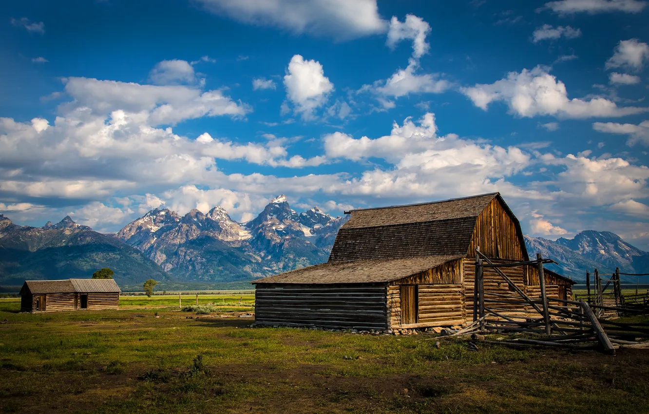 Photo wallpaper the sky, clouds, mountains, Board, home, valley