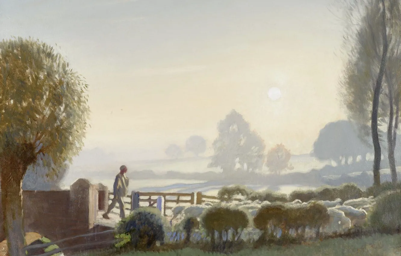 Photo wallpaper landscape, picture, Shepherd boy. Dawn, George Clausen, George Clausen