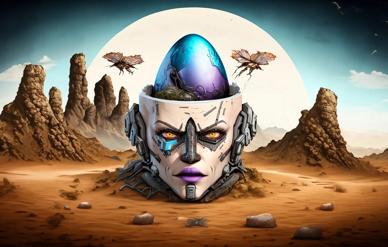 Photo wallpaper mountains, fiction, desert, robot, head, insect