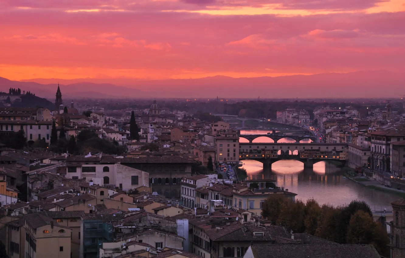 Photo wallpaper river, Italy, glow, Florence, Old Bridge, Arno