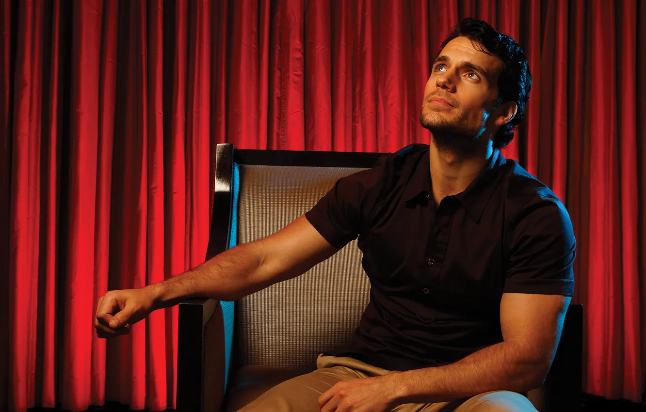 Photo wallpaper chair, photographer, newspaper, actor, red, curtains, photoshoot, Henry Cavill
