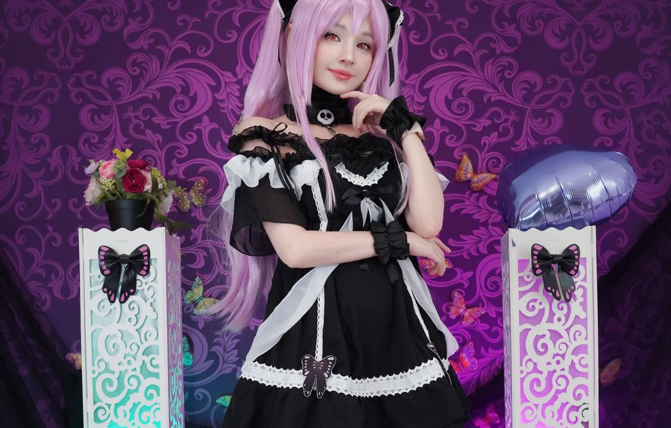 Photo wallpaper girl, pink hair, long hair, dress, beautiful, twintails, red eyes, pretty