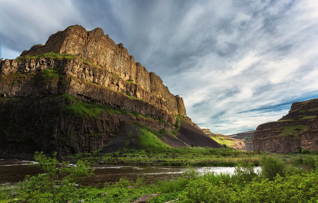 Photo wallpaper the sky, grass, water, clouds, river, stones, for, canyon