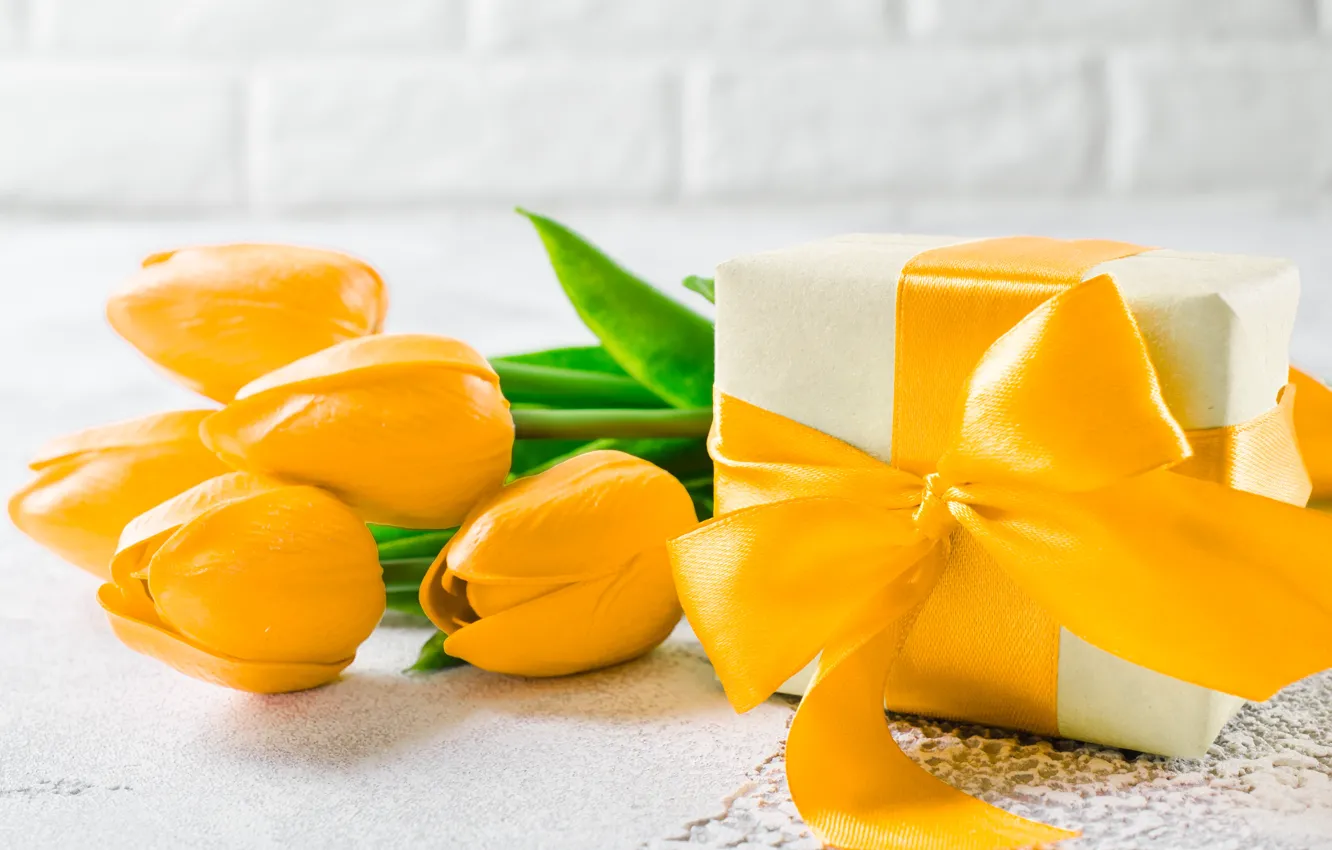 Photo wallpaper love, yellow, gift, bouquet, tape, hearts, tulips, love