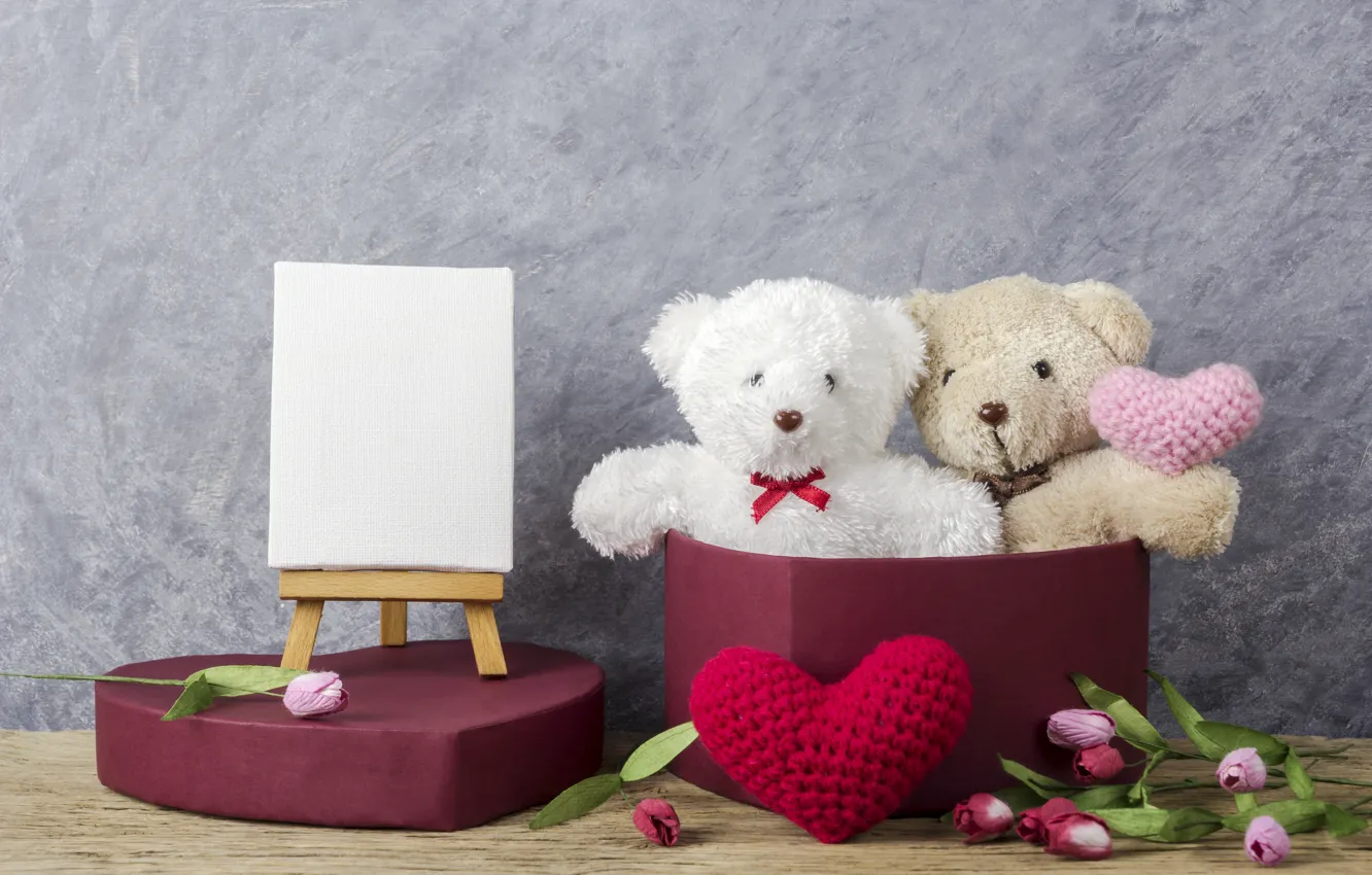 Photo wallpaper love, flowers, gift, toy, heart, bear, tulips, love