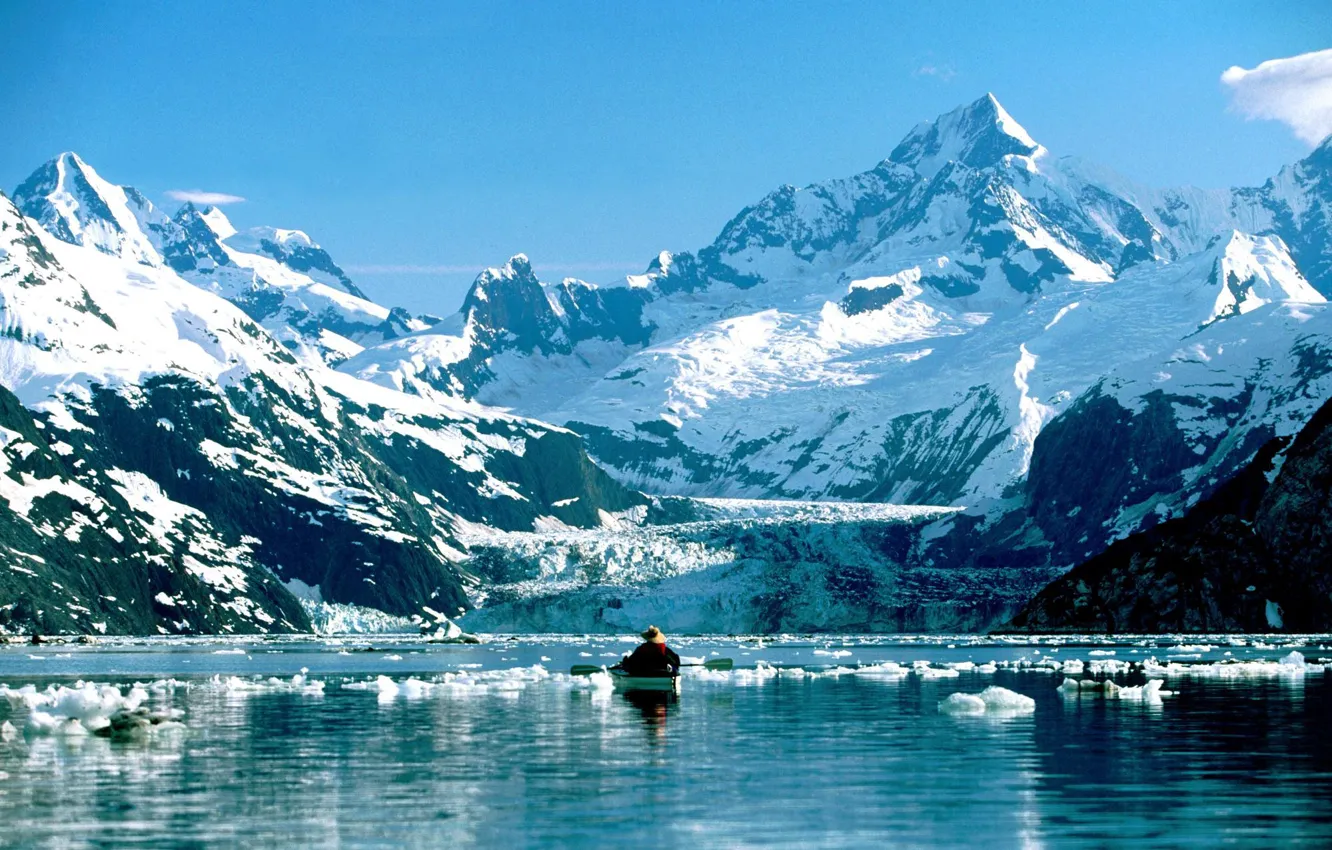 Photo wallpaper mountains, lake, boat, people, Alaska, paddle