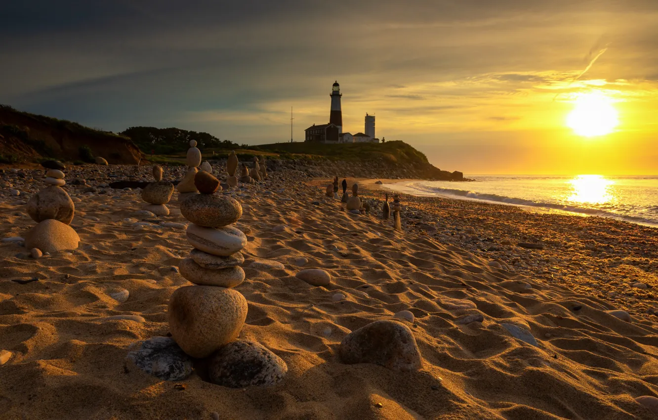 Photo wallpaper Beach, Golden Sunrise, Montauk Lighthouse