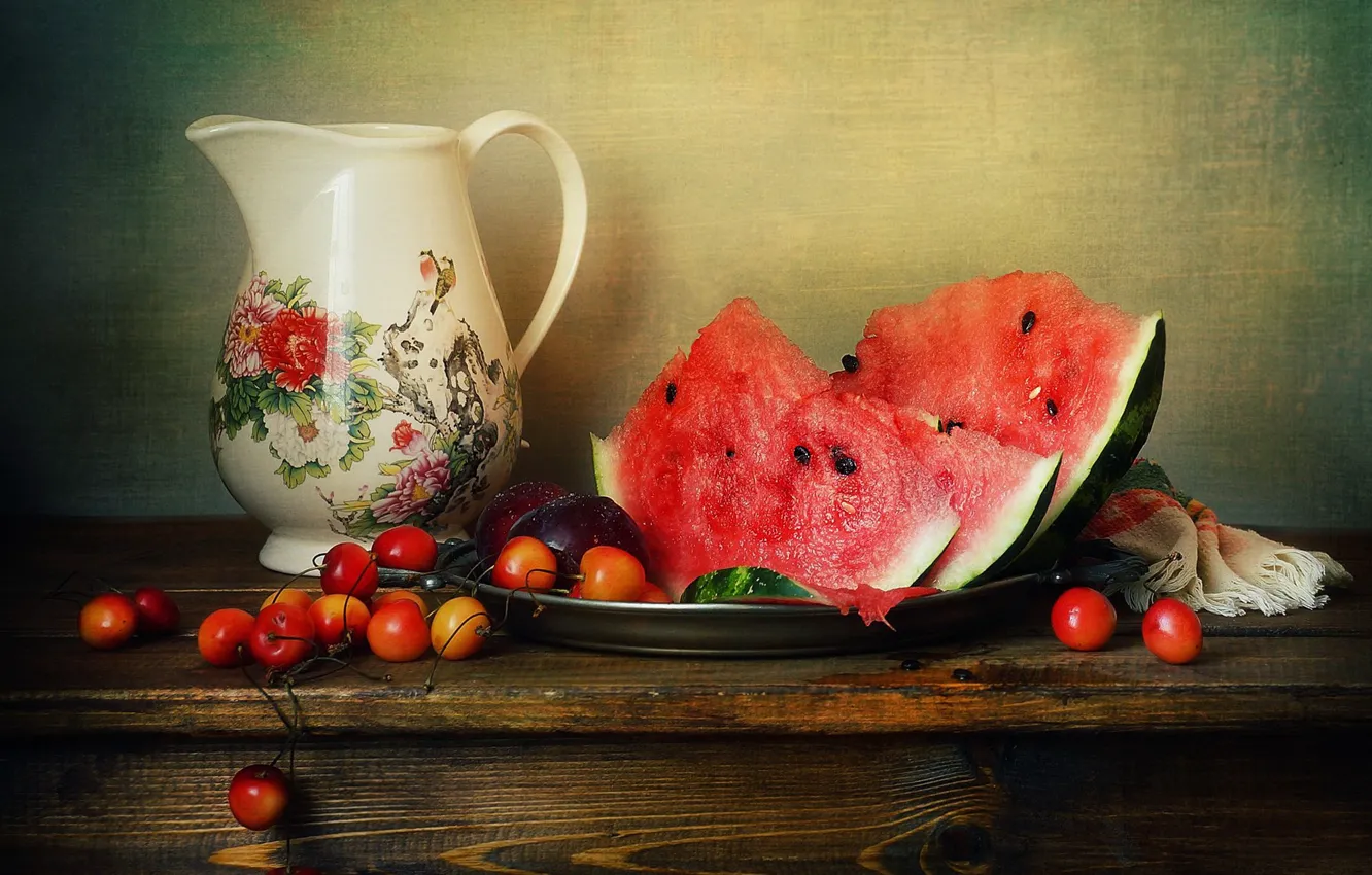 Photo wallpaper table, Board, towel, watermelon, pitcher, fruit, still life, plum
