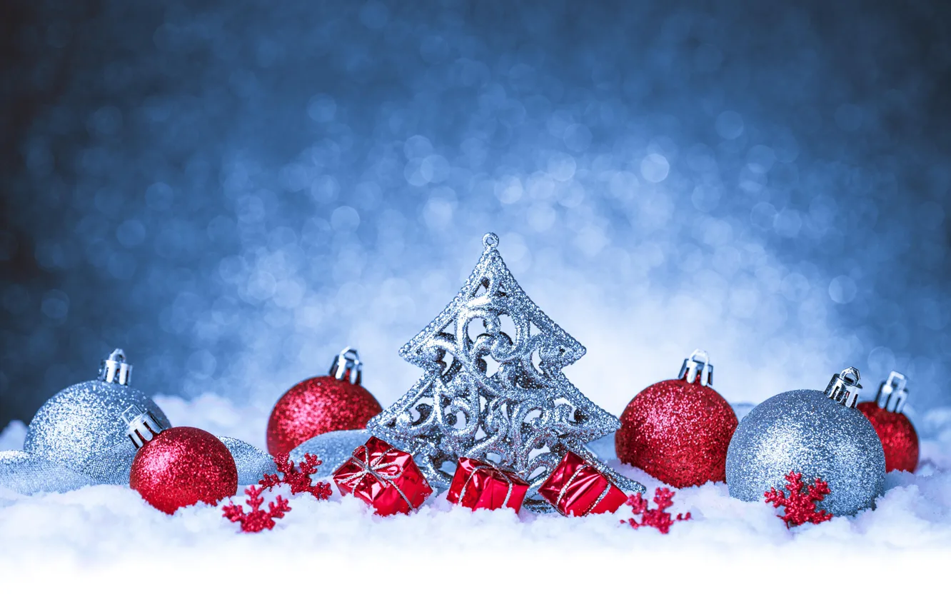 Photo wallpaper balls, snow, background, balls, Christmas, New year, tinsel, herringbone