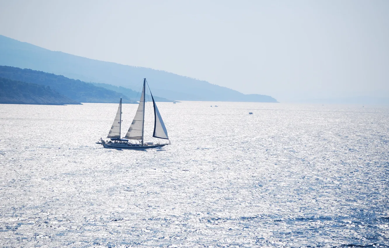 Photo wallpaper the way, the wind, romance, coast, ship, sailboat, morning, sail
